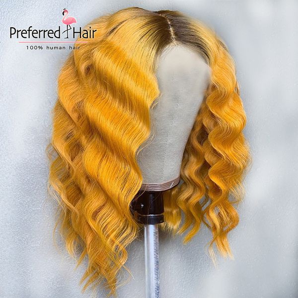 

preferred deep wave wig 1b roots yellow ombre lace front wig pre plucked remy brazilian pink short human hair wigs for black wom, Black;brown