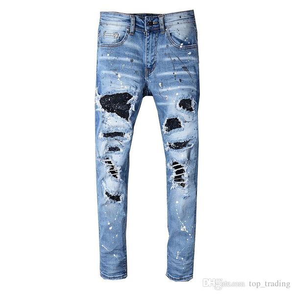 

mens distressed ripped skinny biker elastic jeans vintage brand designer slim mens motorcycle moto denim hip hop pant for men great quality, Blue