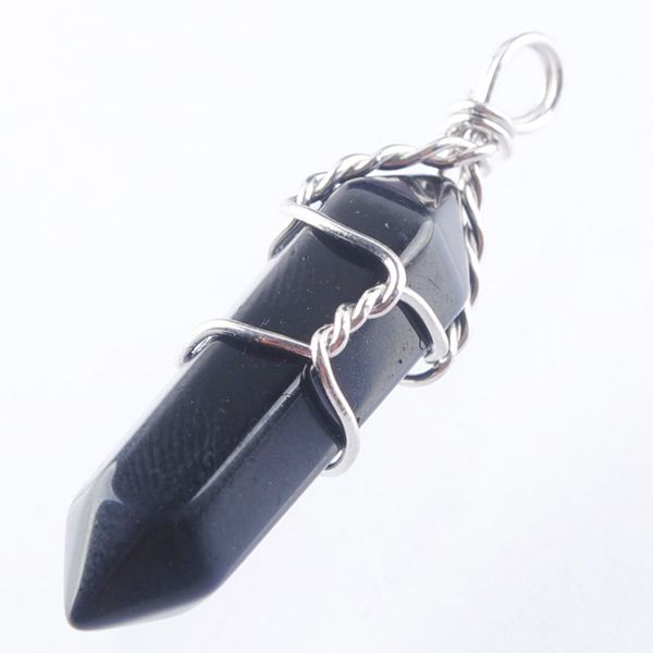 

wojiaer natural black agate gem stones hexagonal pointed reiki chakra healing pendant necklaces beads wire wrap jewelry dn3061, Silver