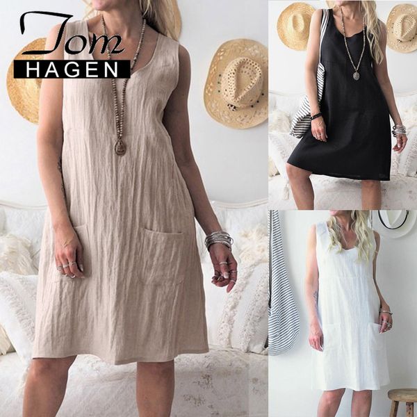 

Tom Hagan Women's Pocket Loose Dress Holiday Beach Solid Color Pocket Sleeveless Cotton Summer Leisure Knee-length Dress 2019