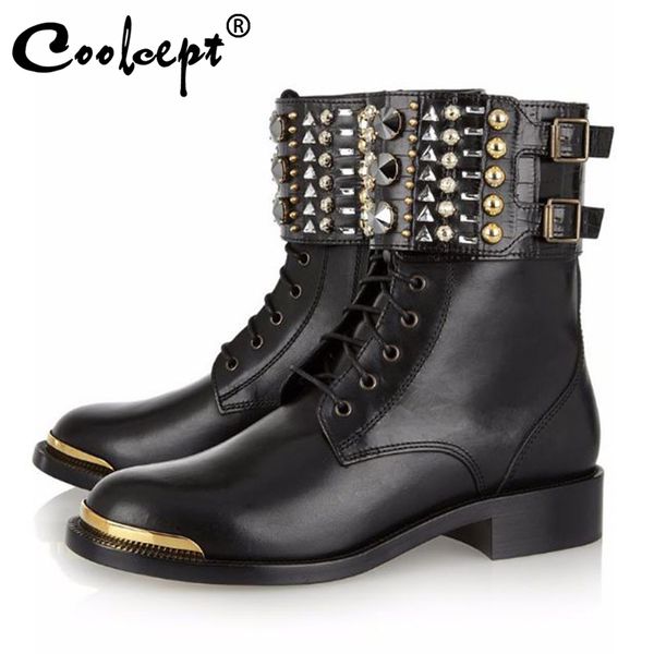 

coolcept women ankle boots crystal buckle punk rivets motorcycle boots round toe autumn winter women footwear plus size 34-46, Black