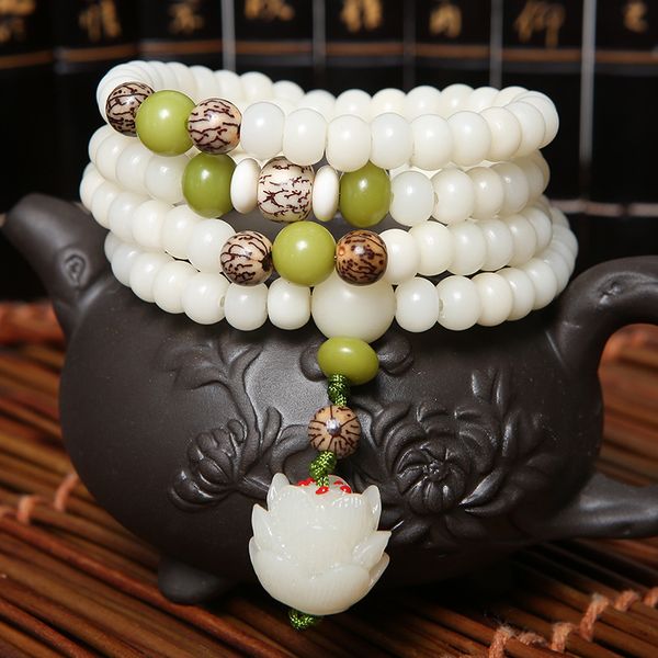 

selling ethnic style diy108 natural white bodhi root plus lotus lotus root piece multi-circle beads bracelet bracelet, Black