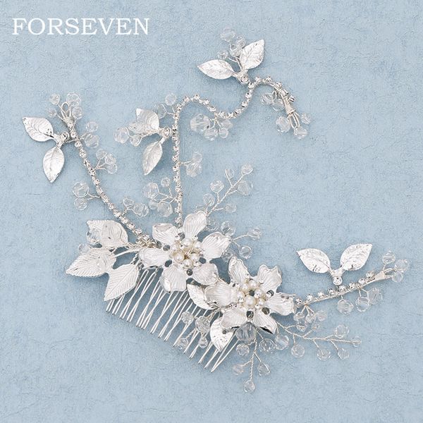 

silver pearl flower bride hair comb tiara hair accessories rhinestone tiara headband for bridal head jewelry comb for hair, Golden;white