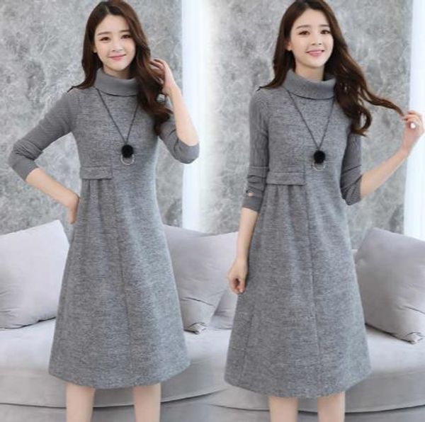 

woolen dress for women knit long sleeve turtleneck elegant a-line dress thick autumn winter plus size casual midi dress lj83, Black;gray