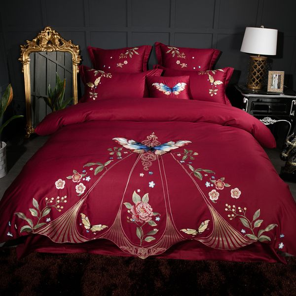 Dark Red Embroidered Duvet Quilt Covers Egyptian Cotton Satin Bed
