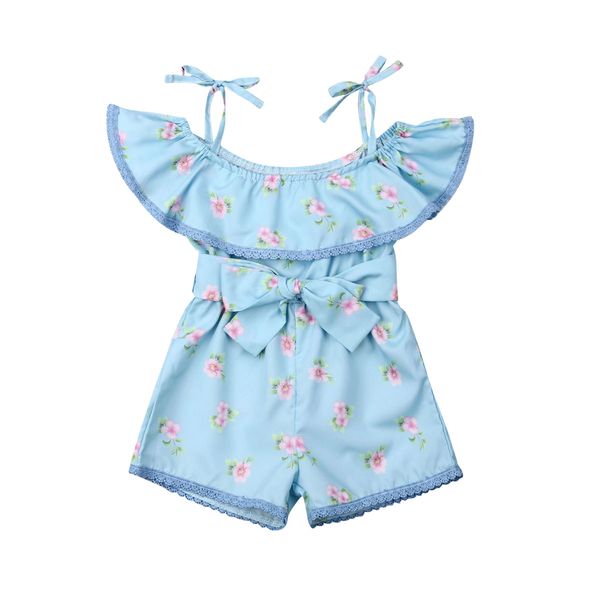

cute baby girl summer floral romper blue lace splice sling jumpsuit sunsuit clothes baby girl off-shoulder romper overalls 1-6y