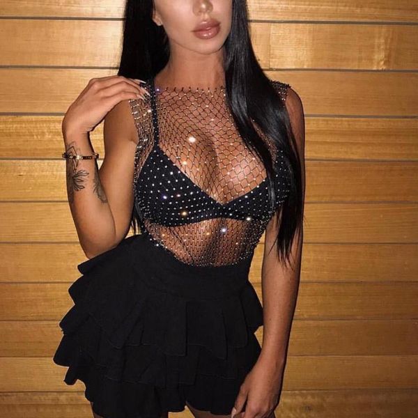 

women's fishnet rhinestone crop 2020 summer mesh high elastic black white shirt net see through rave diamond tank top