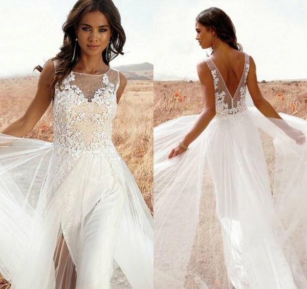 

2019 chic wedding dresses jewel neck lace appliqued side split a line sweep train beach wedding dress custom made bohemian bridal gowns, White