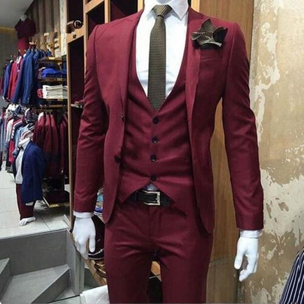 

new fashion burgundy slim fit groom tuxedos peak lapel groomsmen mens wedding dress excellent man 3 piece suit(jacket+pants+vest+tie) 629, Black;gray