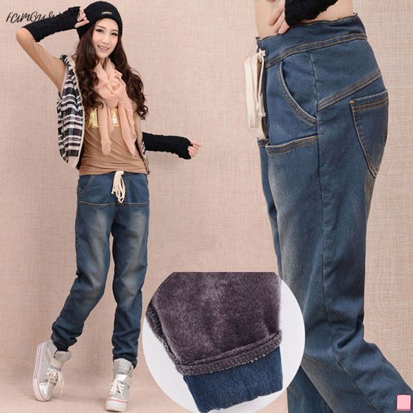 

winter arrival pants jeans women thicken fleece skinny harem warm trousers elastic waist denim loose trousers plus size pants c1504, Blue