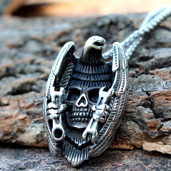 

mens punk biker eagle skull alloy pendant chain necklace gift, Silver