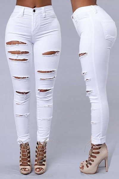 

casual broken holes and holllow-out white pants, Blue