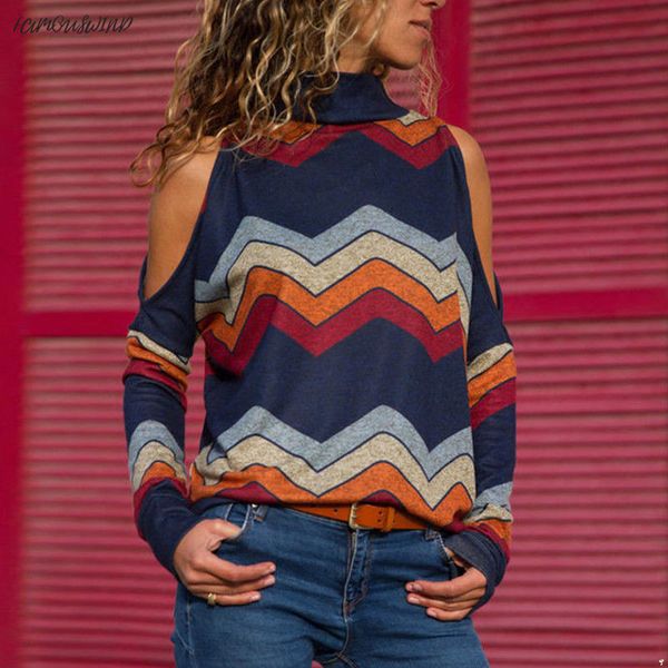 

long womens sleeve shirts new 2019 jumper pullover striped bare ladies shoulder blouse autumn winter elegant woman hot, White