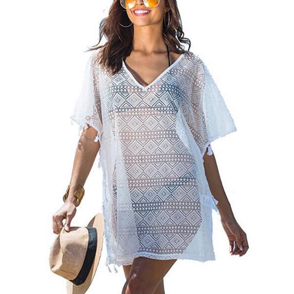 

women swimwear breathable lace holiday tassels summer mesh loose swim bikini cover up bathing beach fashion pool party, Blue;gray