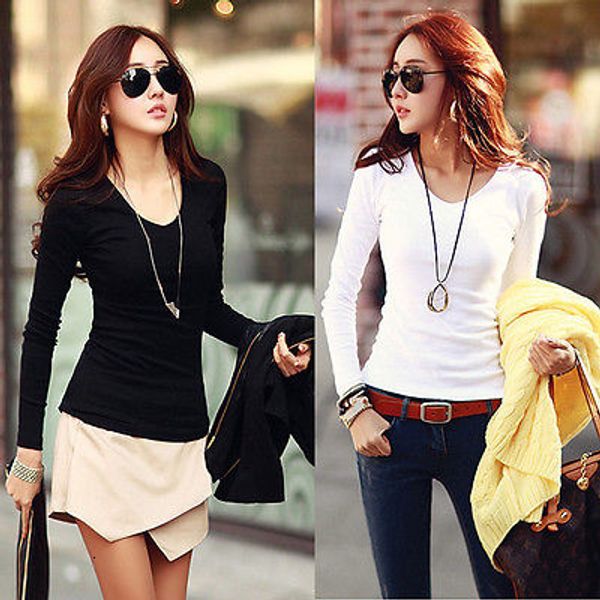 

women shirts tee shirt femme woman clothes women basic plain crew neck tee shirts stretch long sleeve t shirts drop shipping, White
