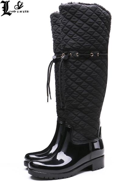

women rubber patchwork rain boots square heels over knee winter warm fur rainboots water shoes woman, Black
