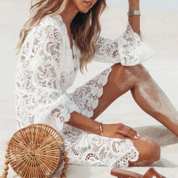 

summer beach blouse women bikini lace tunic hollow out crochet tassel robe cover up kimono cardigan swimsuit, White;black