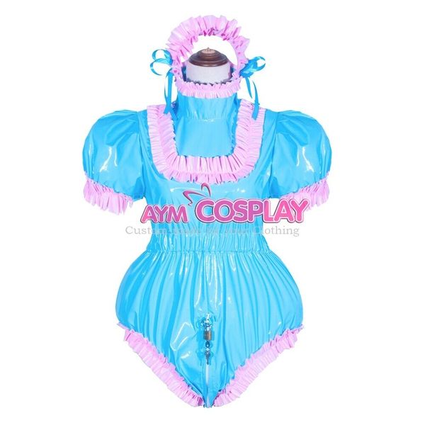 

new 2020 cosplay lockable baby pink pvc sissy maid mini dress, Black;red
