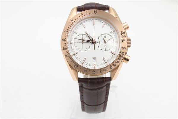 

limited mens luxury wristwatch 44mm chronograph white dial gold case sapphire glass leather strap quartz mens watches sports, Slivery;brown