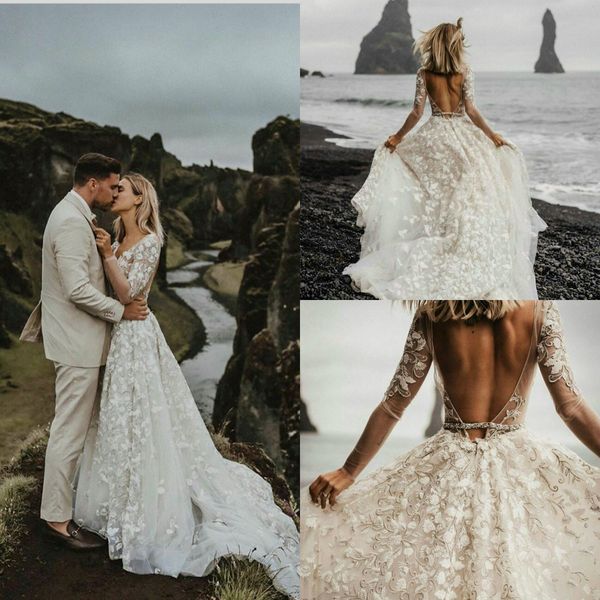 

long sleeves beach wedding dresses backless lace applique country boho vestido de novia tulle wedding gowns customise, White