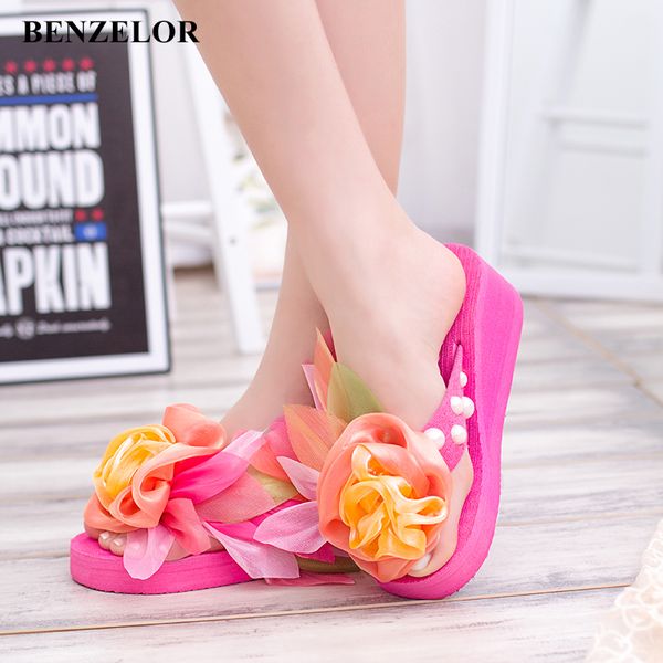 

benzelor 2018 summer chiffon flower eva wedge slippers women shoes fashion pearl female flip flops ladies flat platform 120-1, Black