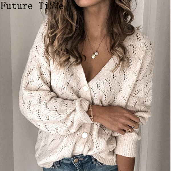 

future time hollow out button sweaters reversible cardigan solid women casual long sleeve o-neck autumn coat female n1886, White