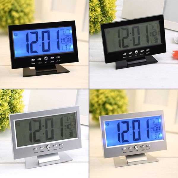 

voice control back-light lcd alarm clock weather monitor calendar with desk clock 2 colors drop shipping