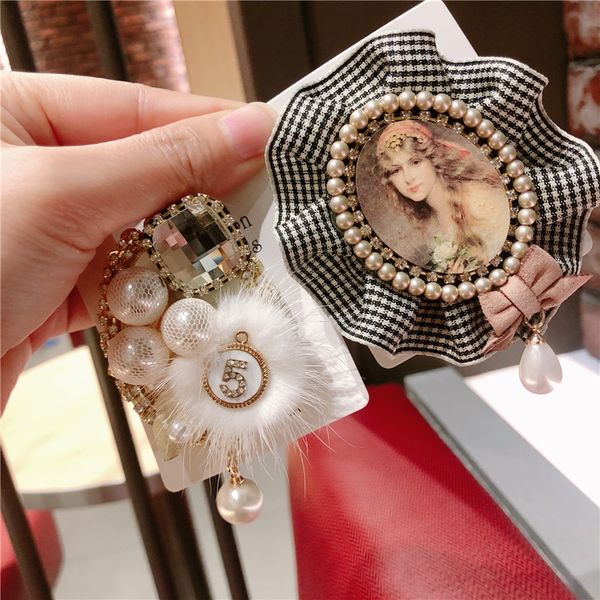 

vintage new woman brooches pin plaid ribbon lace beauty shiny pearl pom-pon brooch fashion corsage jewelry lady accessories, Gray