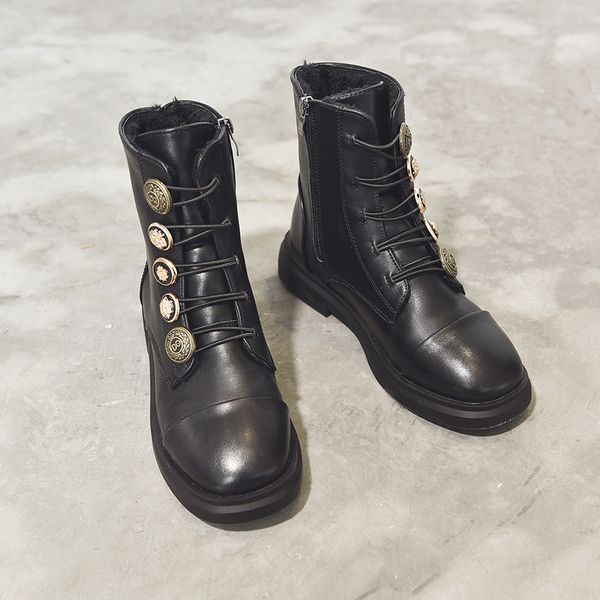 

botas femininas winter boots women 2020 new fashion round toe cross-tied pu leather boots solid color zipper, Black