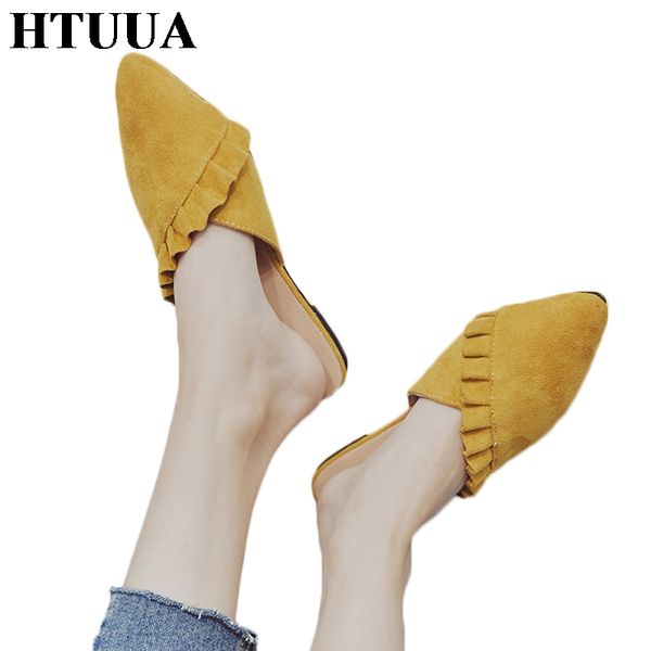 

htuua new 2019 women slippers summer shoes slip on flat mules fashion ruffles ladies shoes loafer flip flop sandals sx1985, Black