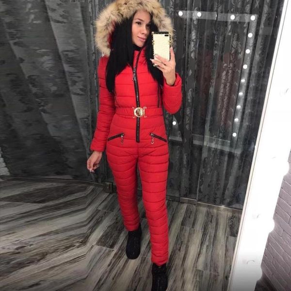 

женщины с капюшоном сплошной спортивный костюм зимние теплые комбинезоны элегантный молния лыжный костюм дамы onesize красный snowsuit пальт, White;black