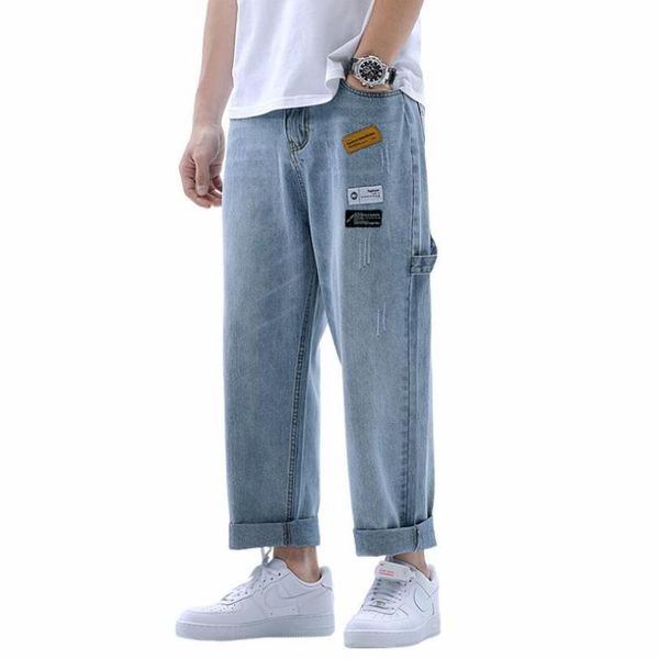 

2020 korean mens casual jeans joggers loose fashion men straight streetwear denim trousers hip hop man jeans plus size w925, Blue