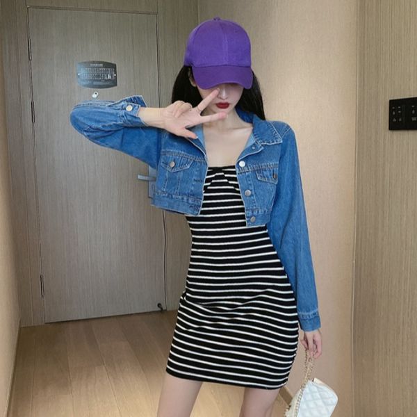 

women dresses set women 2020 autumn new slim slimming striped strap dress single breasted short denim jacket, White;black