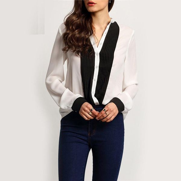 

2016 summer style casual shirt new arrival women's beige plunge long sleeve buttons color block trims blouse, White
