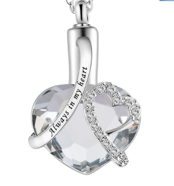 

glass heart shape memorial cremation jewelry stainless steel keepsake urn pendant necklace for ashes fashion necklace for lover, Silver
