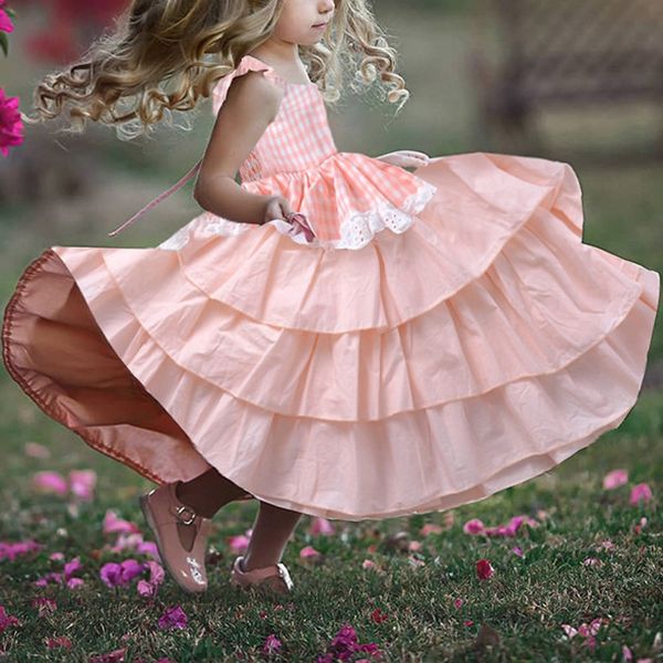 

2020 девушки принцесса платье летние дети дети детские младенцы одежда девушка плетеные кружева слоистые платья партии vestidos wt1097, Red;yellow