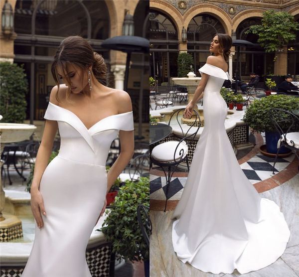 

new arrival white off shoulder mermaid wedding dress elegant satin sweep train plus szie beach bohemian bridal gown