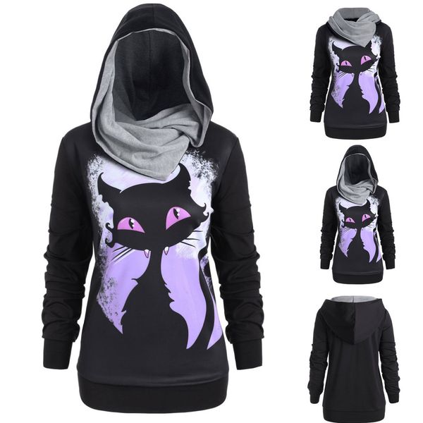 

sweatshirts women halloween plus size 3d black cat print convertible hoodie sweatershirt thick knit sweatshirt female #45