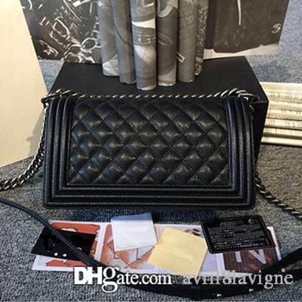 

fashion black caviar genuine leather bag medium shoulder bag tote with gold hardware for women