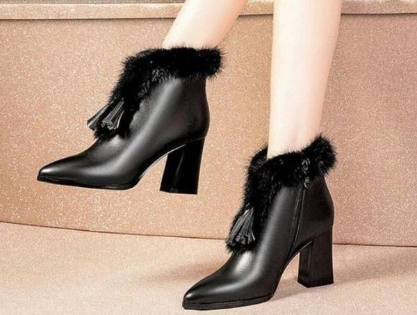 

women's boots in winter high coarse heel pointed end keep warm non-slip, Black