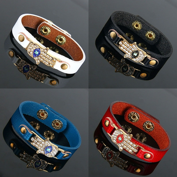 

cuff hamsa fatima hand bracelets evil eye leather, White