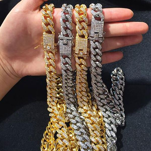 

12mm 18k gold plating diamond miami cuban link chain necklace hip hop bling bling jewelry trendy fashion whosales, Silver