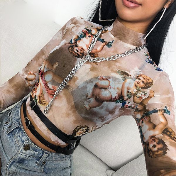 

women designer shirt womens designer clothing summer 2019 mesh crop greek mythology angel see through transparent shirt, White