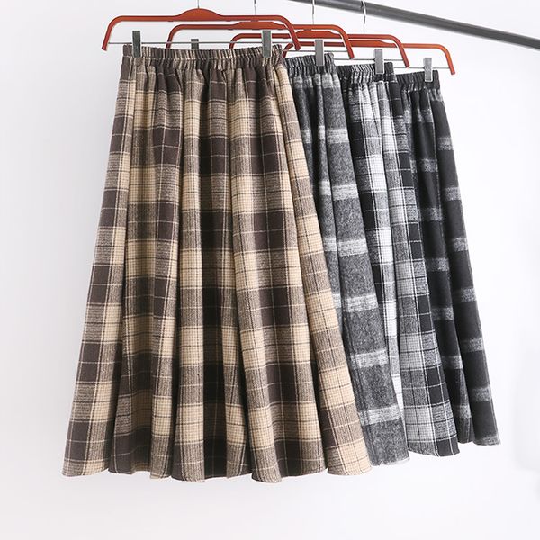 

vintage flexible elastic stretch high waist midi a line wool woollen skirt for women black grey khaki womens skirts plaid saias