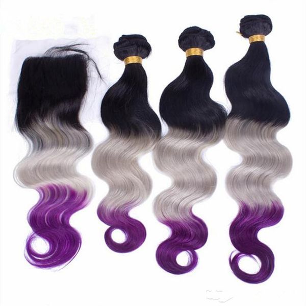 # 1B / Cinza / Roxo Onda Do Corpo Ombre Cabelo Humano Indiano Tece com Fechamento Raízes Pretas Cinza Roxo 3 Tom Ombre 3 Pacotes com 4x4 Fechamento de Rendas