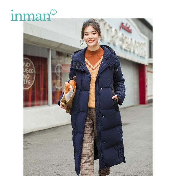 

inman 2018 winter new arrival hooded retro warm windproof long section woman down coat, Black