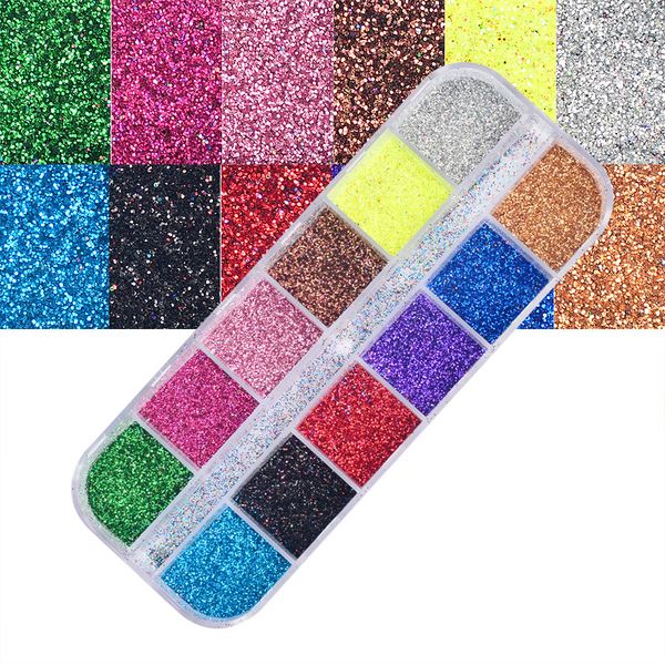 

12 grids laser nail glitter powder ultra-thin shining diy chrome pigment dust nail art decorations manicure designs tools, Silver;gold