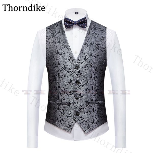 

thorndike silver mens suit vest jacquard men waistcoat casual formal business groomman for wedding party wear suit vests 2020, Black;white