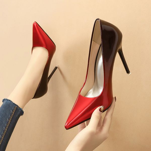 

designer gradient women pumps pointed toe 11cm patent leather slip-on office lady party single shoes 4 colors, Black