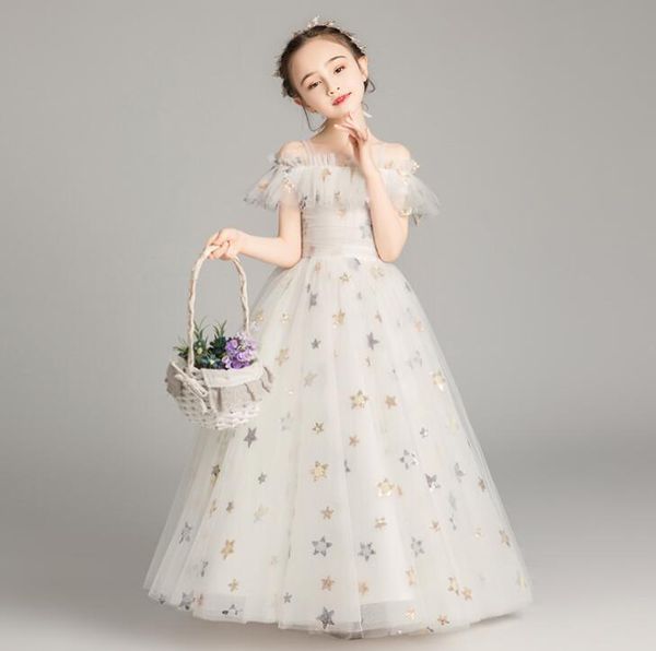 

girls sequin star tulle mesh dress for party summer cap sleeve outfit 3-8 years ing, Red;yellow